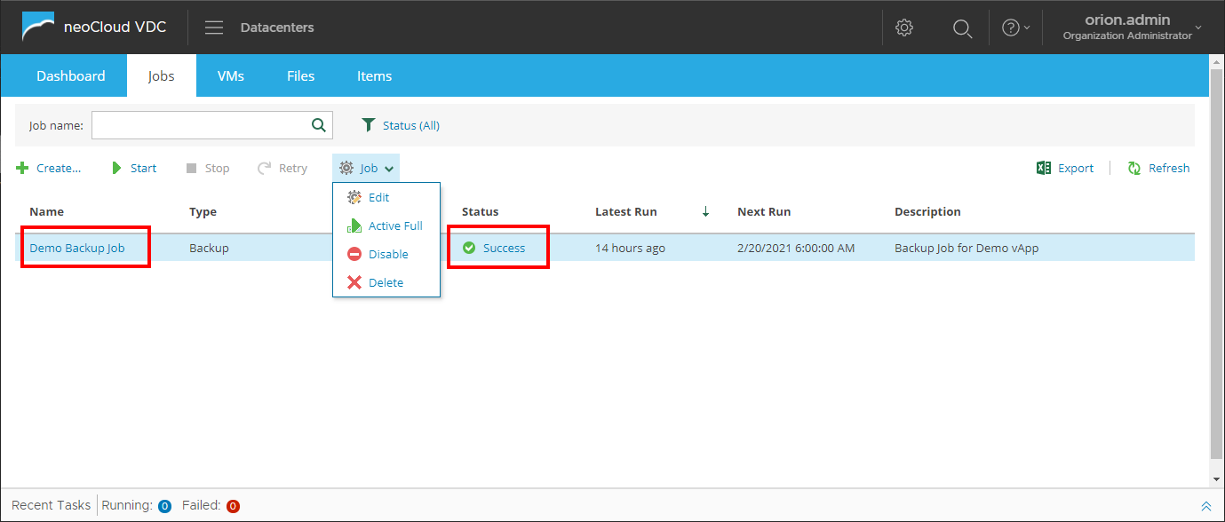 Backup VDC - Jobs Overview