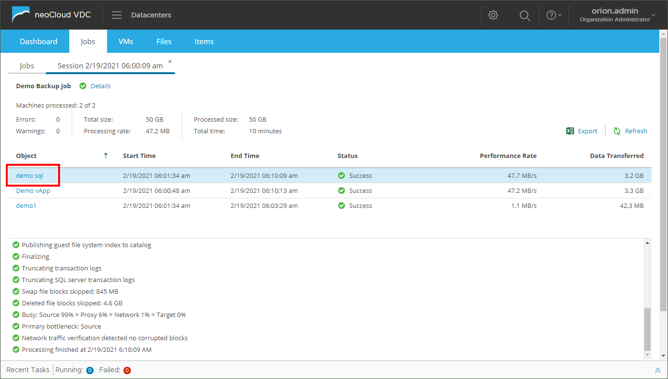 Backup VDC - Backup Session Details