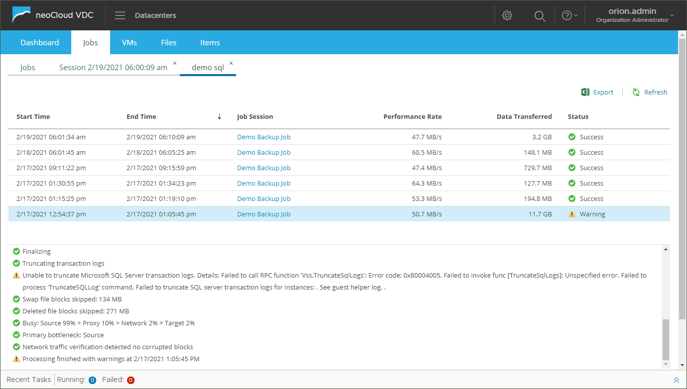 Backup VDC - VM Backup Details