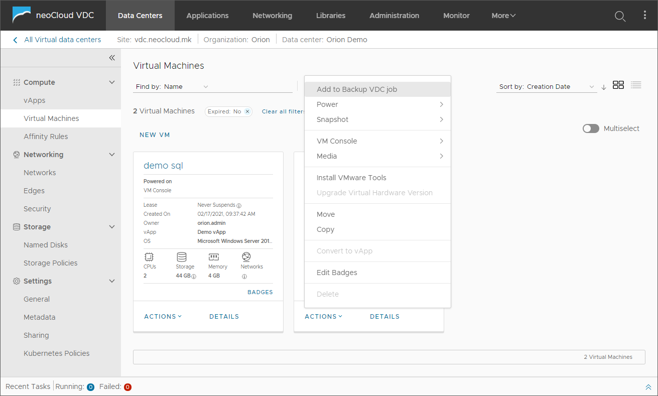 Backup VDC - VDC - Actions Menu