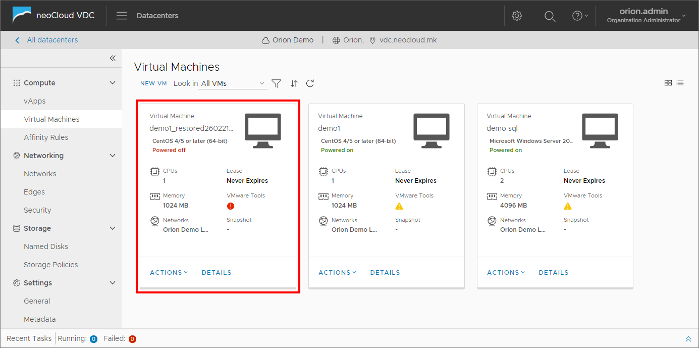 VM Restore - VDC Restored VM