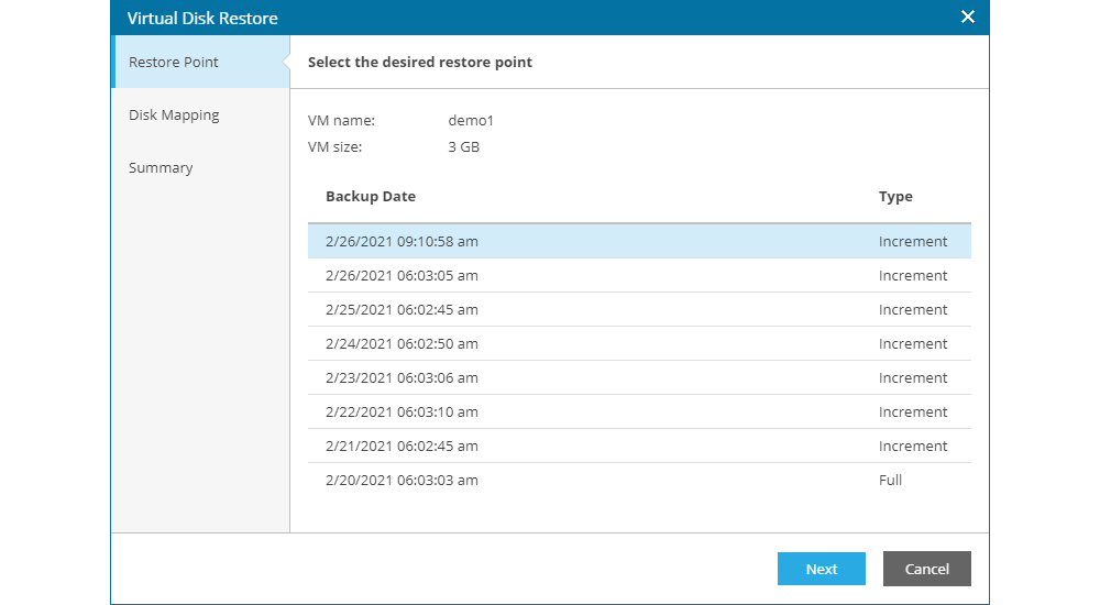 Virtual Disk Restore - Restore Point