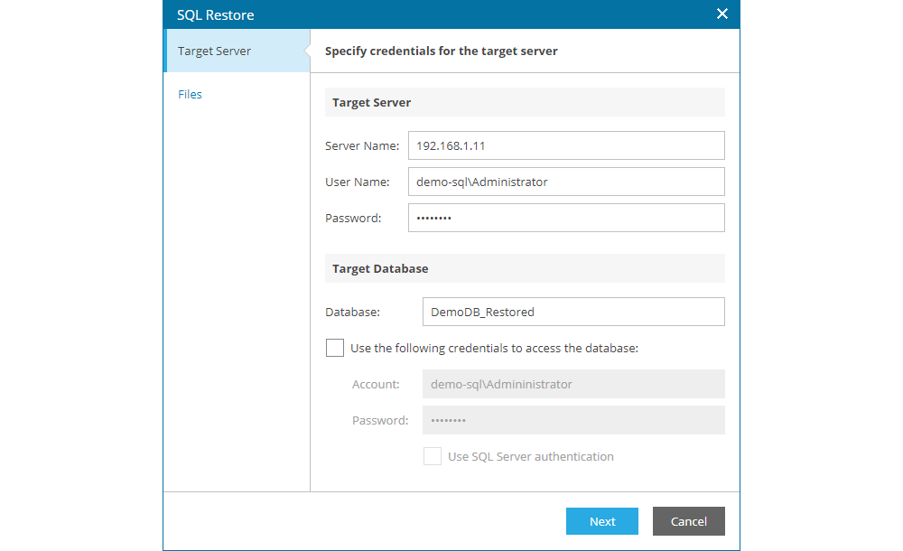 DB Restore - Target Server Credentials