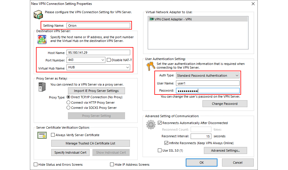 SoftEther VPN Client - Manager - Add VPN Connection