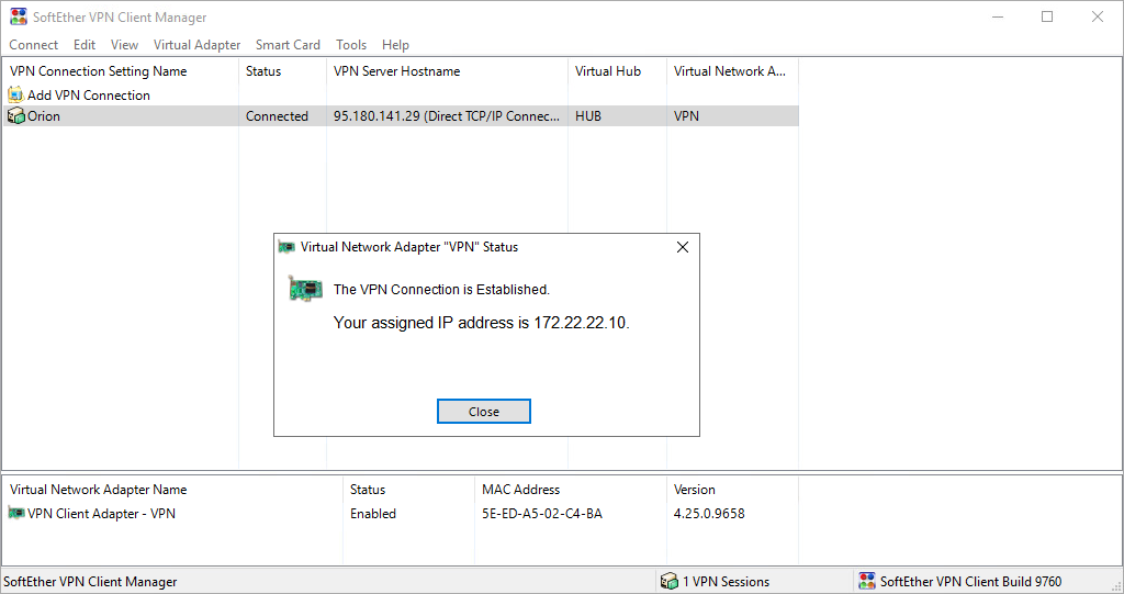 SoftEther VPN Client - Manager - Connection Established
