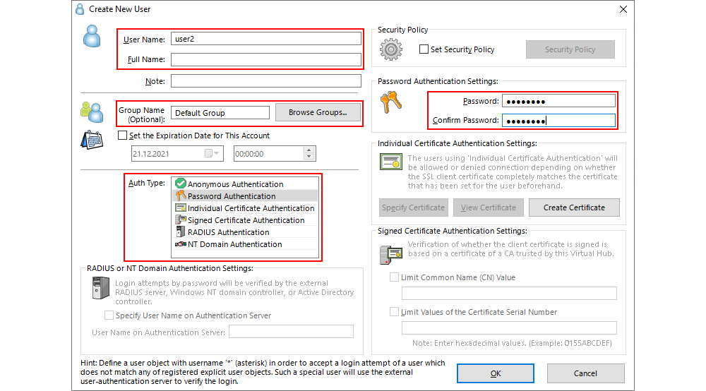 SoftEther VPN Server Manager - New User