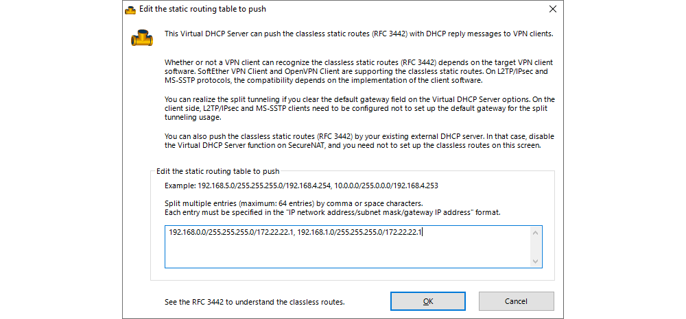 SoftEther VPN Server Manager - Static Routing Table