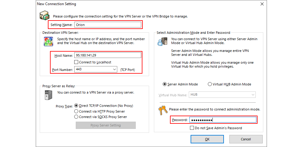 SoftEther VPN Server Manager - New Server Connection