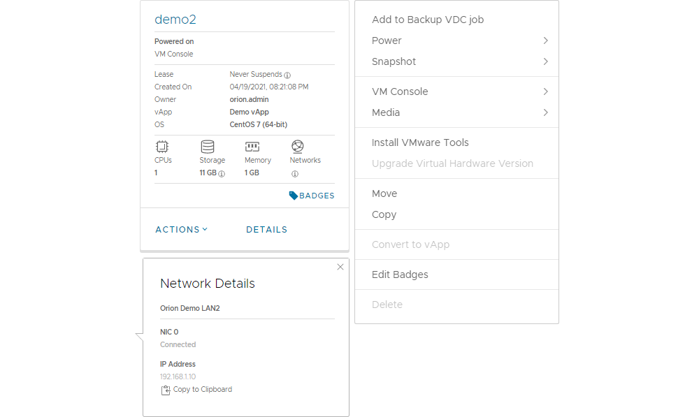 VM Actions Menu