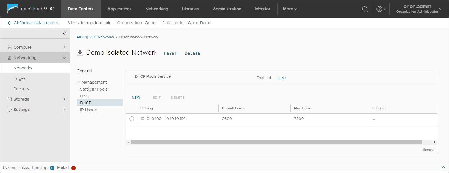 Manage Network - IP Management - DHCP